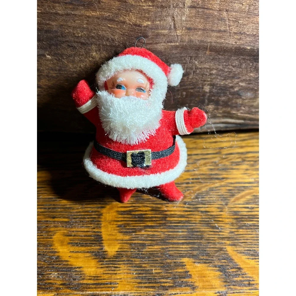Vintage Flocked Santa Claus Christmas Ornament Decor Mid Century Retro Red 3